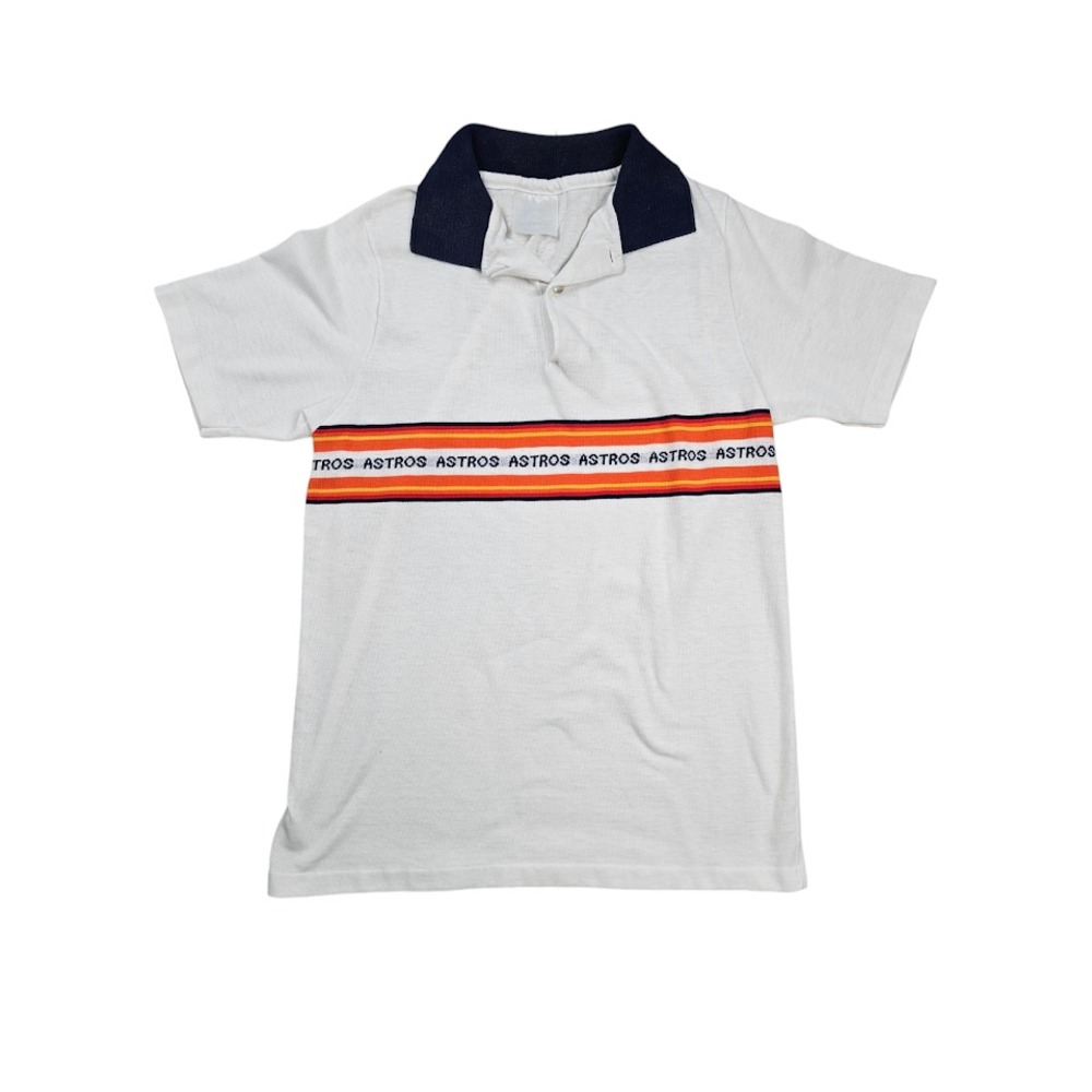 Vintage MLB Houston Astros Polo Shirt Youth Size Medium White Striped Logo Retro